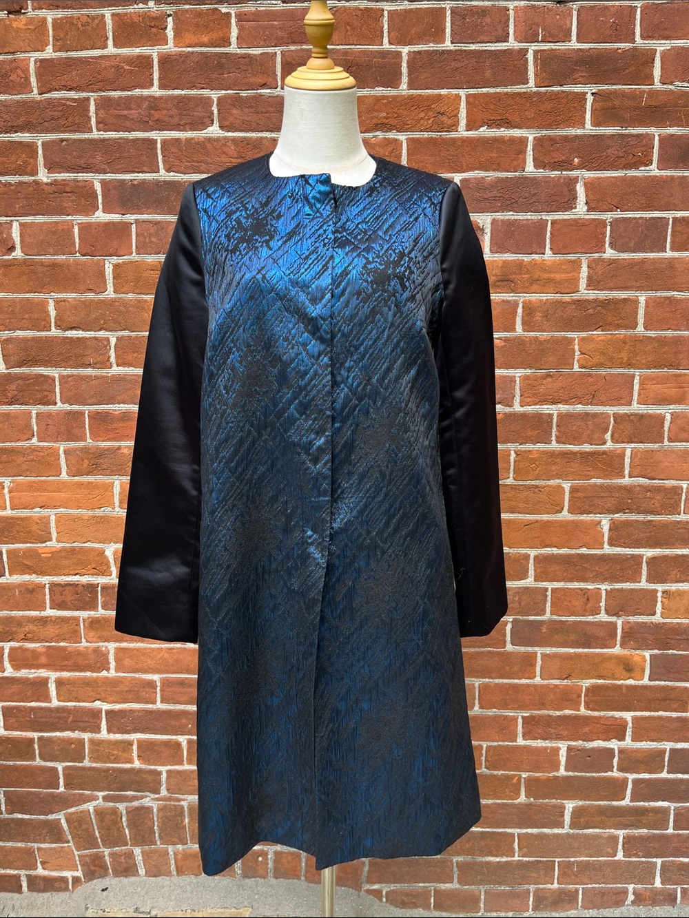 Pink Tartan Metallic Blue Collarless Jacquard Swing Coat